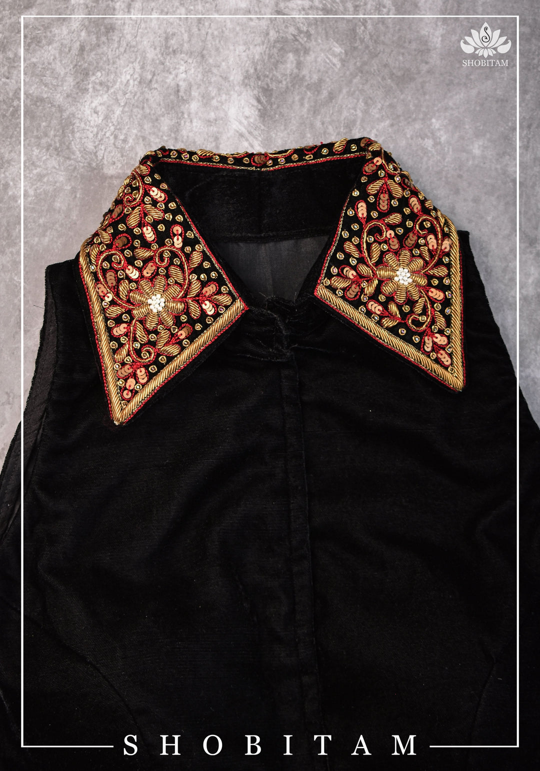 Velvet Collar Neck Blouse with exquisite zardosi detailing on collar and back, Color customization possible | SHOBITAM