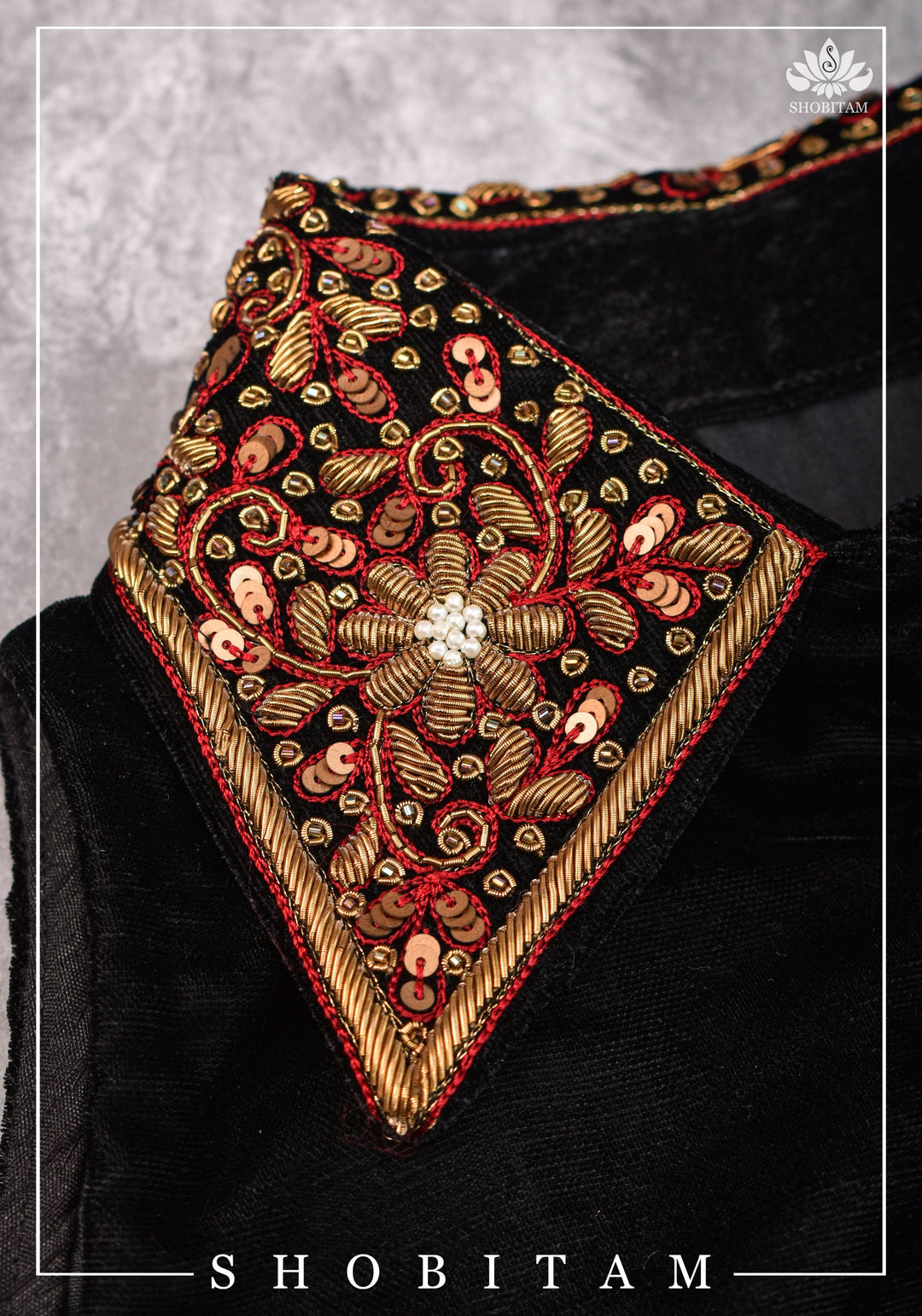 Velvet Collar Neck Blouse with exquisite zardosi detailing on collar and back, Color customization possible | SHOBITAM