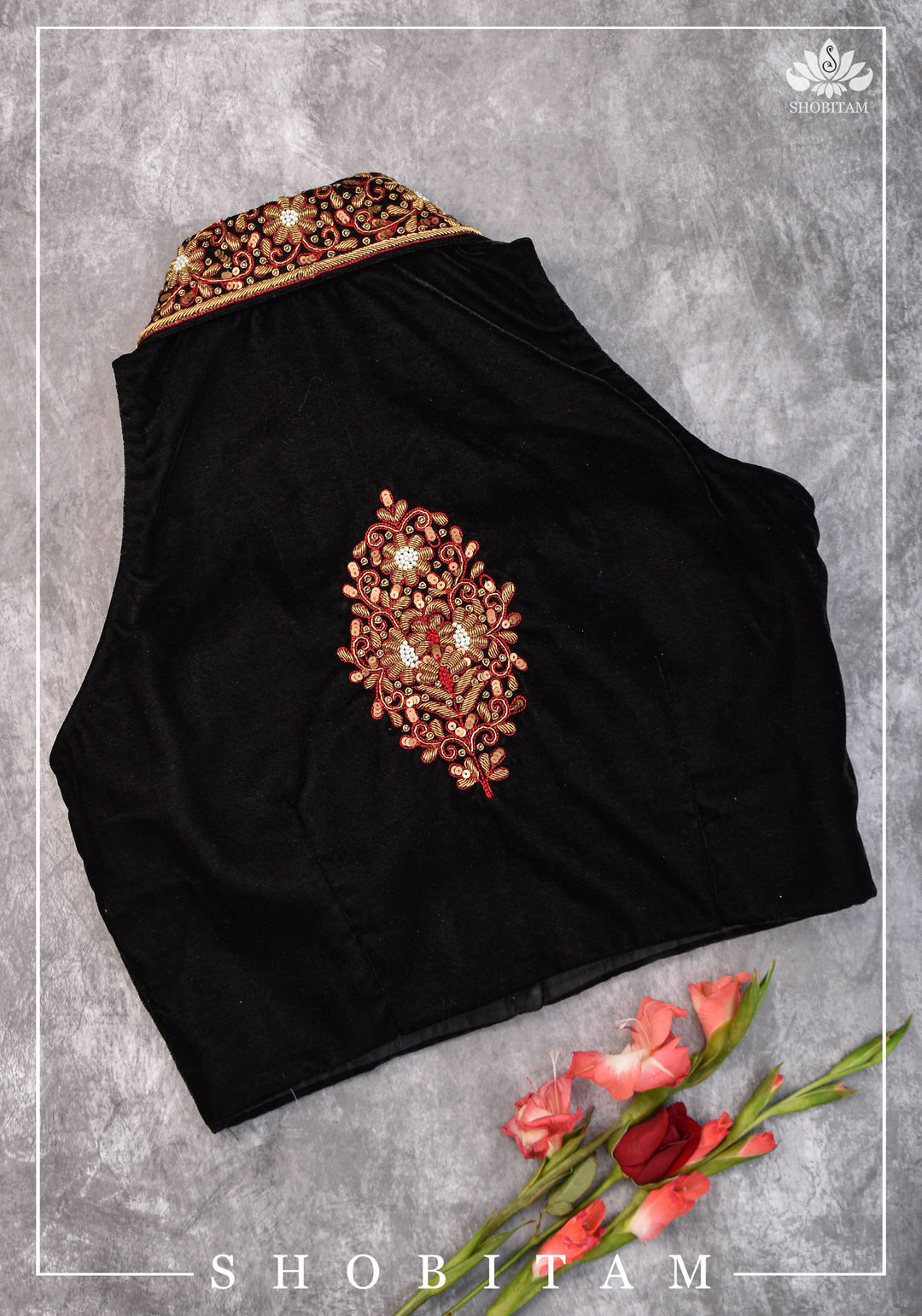 Velvet Collar Neck Blouse with exquisite zardosi detailing on collar and back, Color customization possible | SHOBITAM