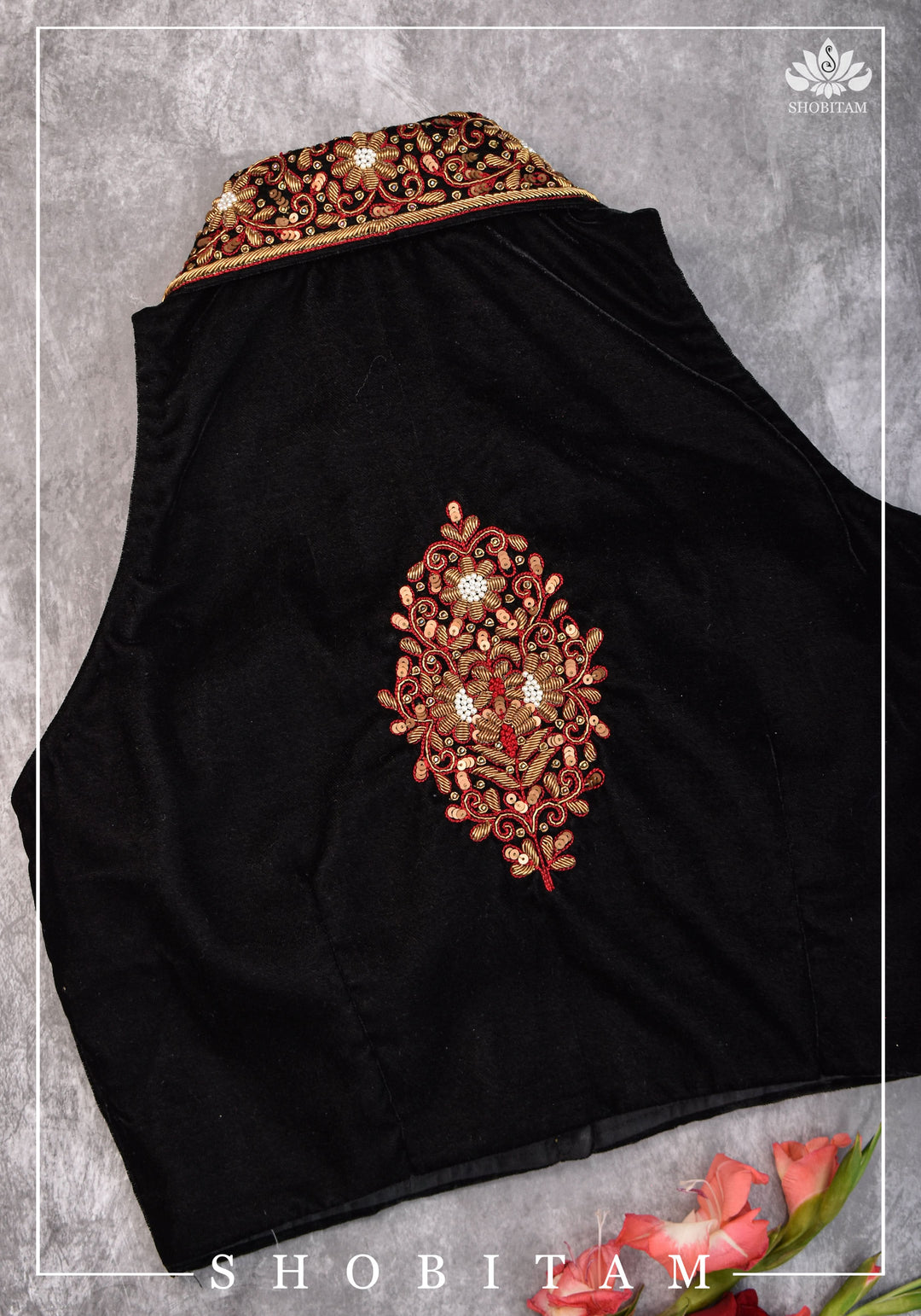 Velvet Collar Neck Blouse with exquisite zardosi detailing on collar and back, Color customization possible | SHOBITAM