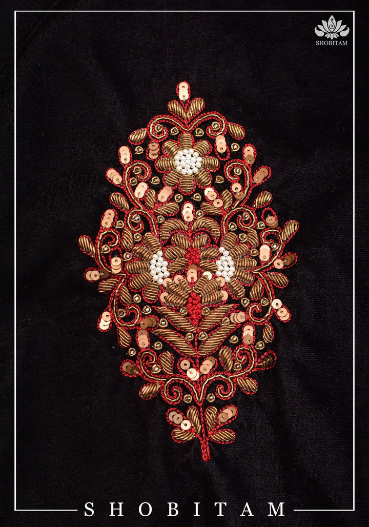 Velvet Collar Neck Blouse with exquisite zardosi detailing on collar and back, Color customization possible | SHOBITAM