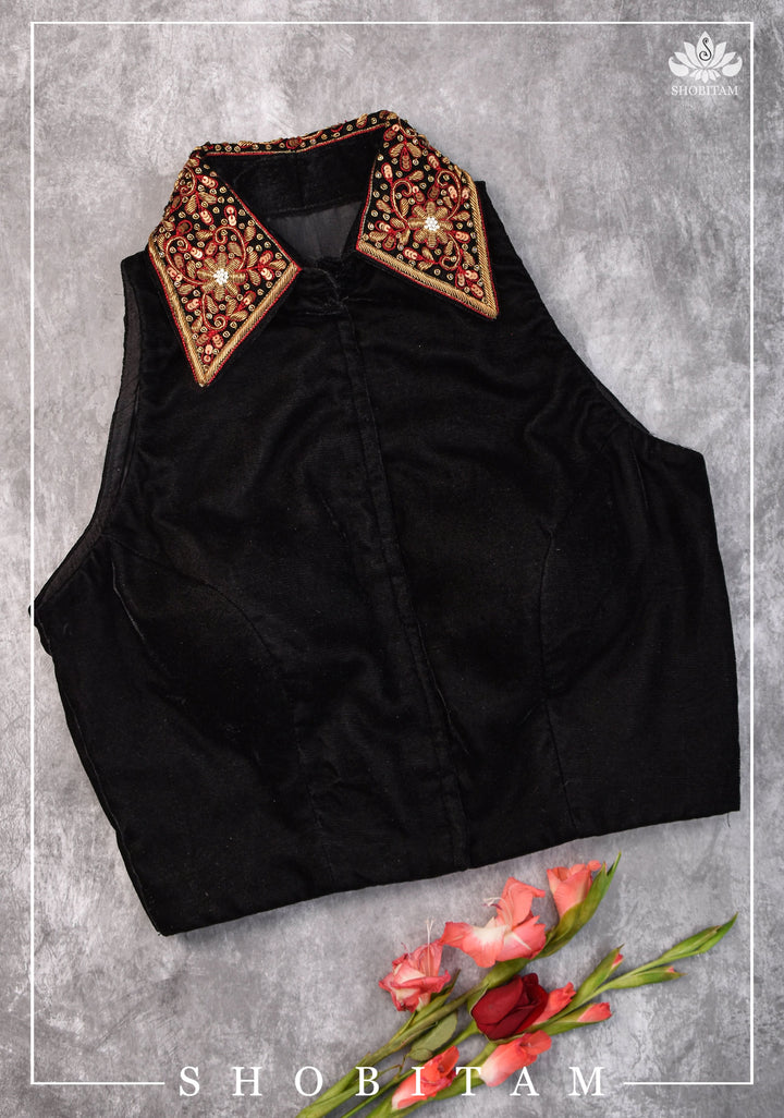 Velvet Collar Neck Blouse with exquisite zardosi detailing on collar and back, Color customization possible | SHOBITAM