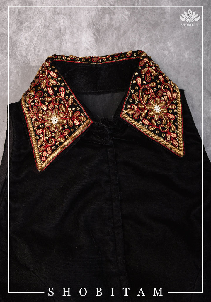Velvet Collar Neck Blouse with exquisite zardosi detailing on collar and back, Color customization possible | SHOBITAM