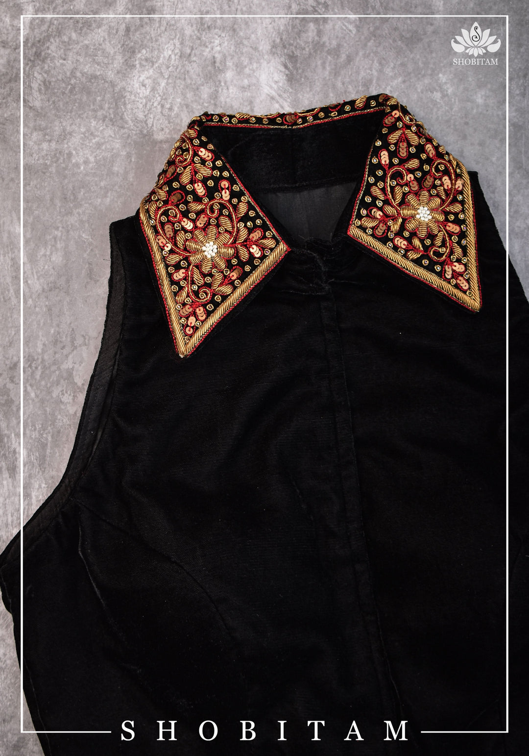 Velvet Collar Neck Blouse with exquisite zardosi detailing on collar and back, Color customization possible | SHOBITAM