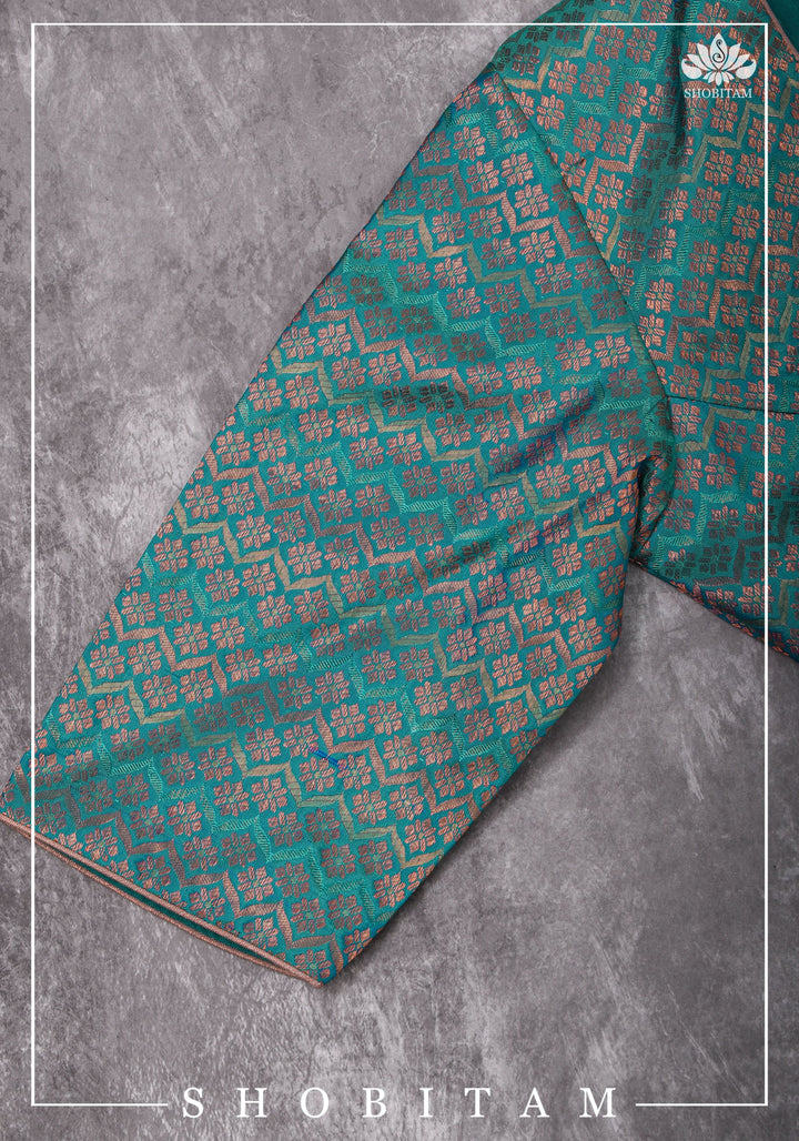 Exquisite Size 36 Curved Base, Tie Back Blouse in Pure Kanjivaram Brocade Silk in Blue Green Dual Tone