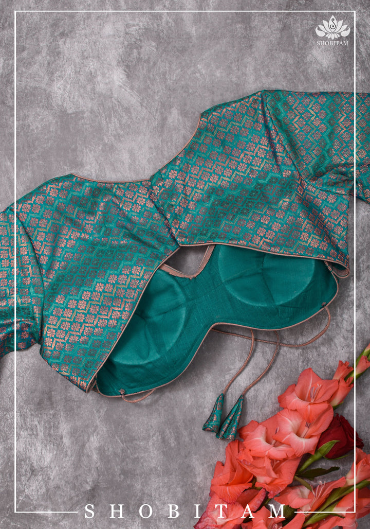 Exquisite Size 36 Curved Base, Tie Back Blouse in Pure Kanjivaram Brocade Silk in Blue Green Dual Tone