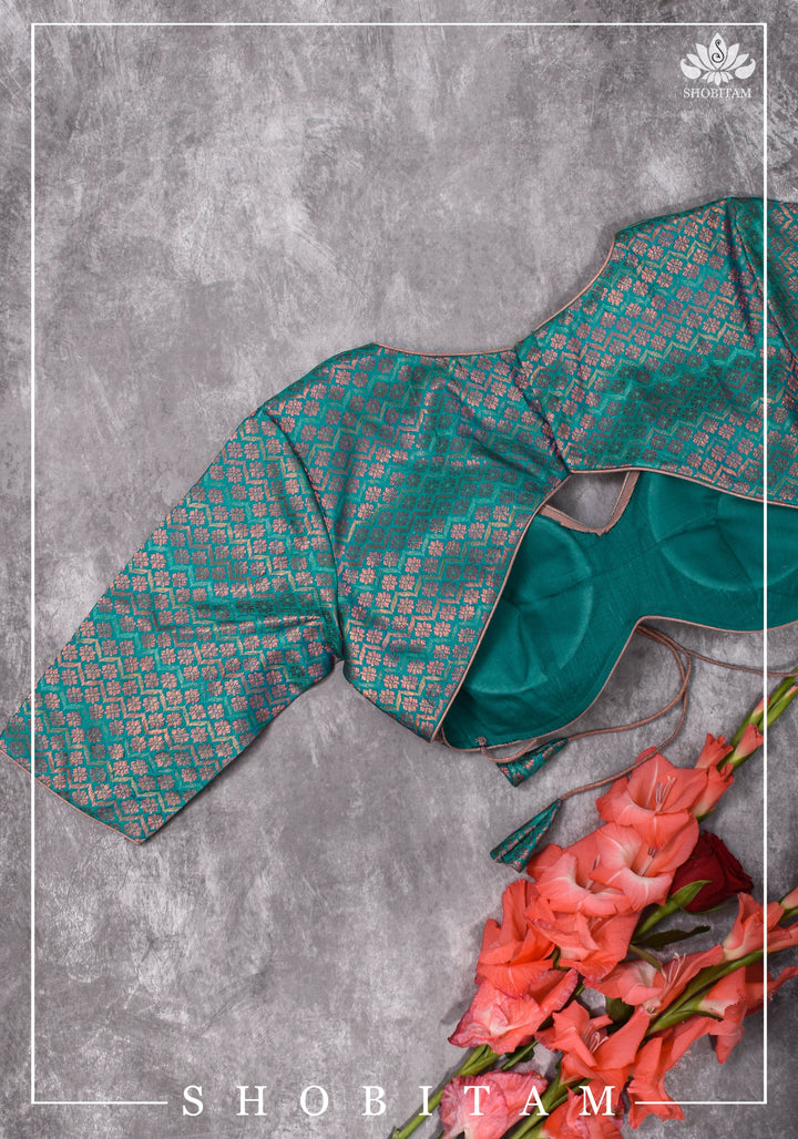 Exquisite Size 36 Curved Base, Tie Back Blouse in Pure Kanjivaram Brocade Silk in Blue Green Dual Tone