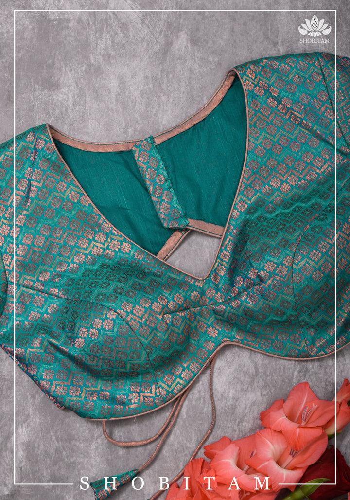 Exquisite Size 36 Curved Base, Tie Back Blouse in Pure Kanjivaram Brocade Silk in Blue Green Dual Tone