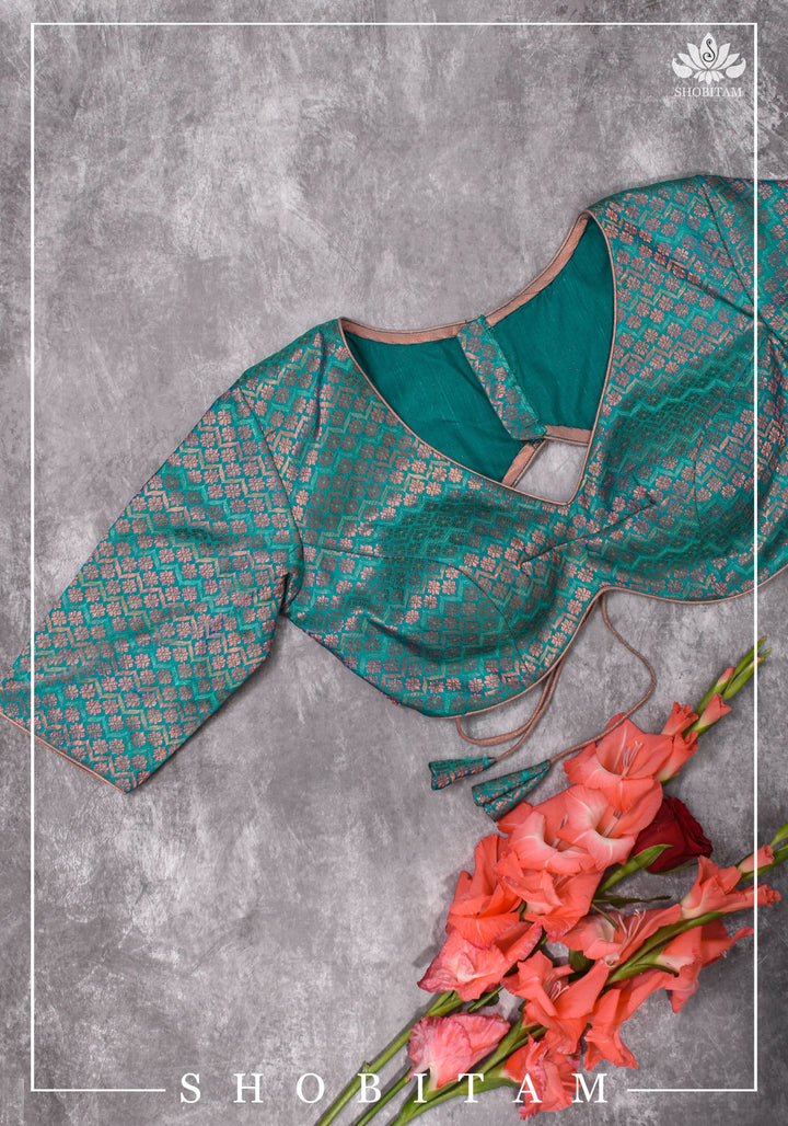 Exquisite Size 36 Curved Base, Tie Back Blouse in Pure Kanjivaram Brocade Silk in Blue Green Dual Tone