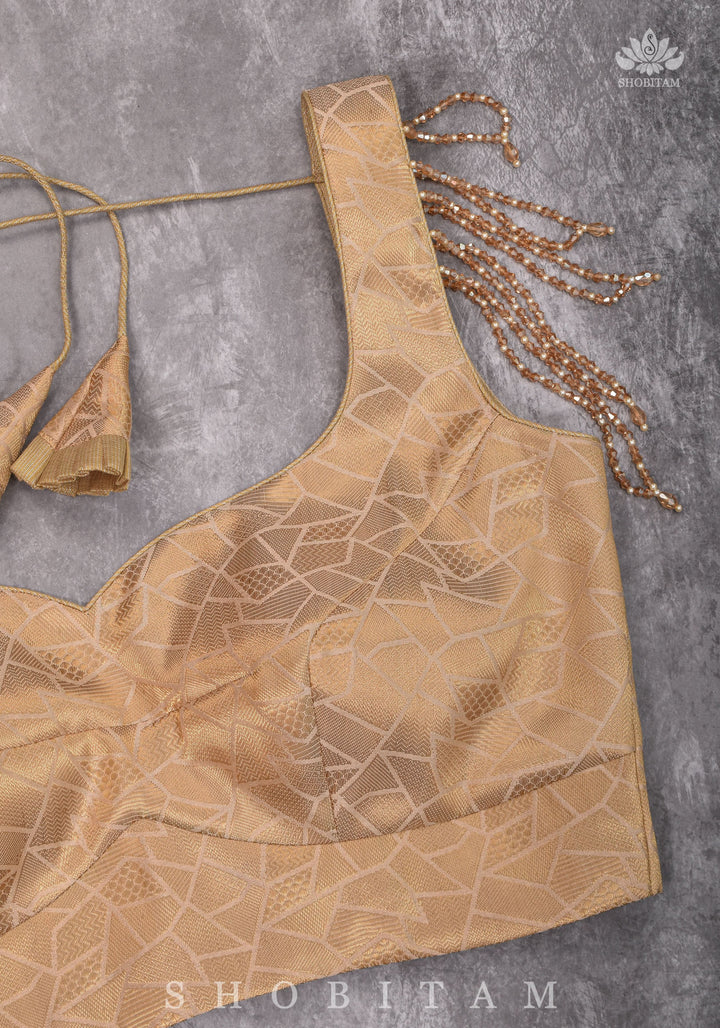 Golden Self Weave Geometric Design Blouse with Dangling multirow crystals over upper arm
