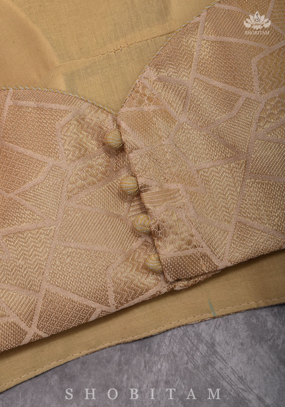 Golden Self Weave Geometric Design Blouse with Dangling multirow crystals over upper arm