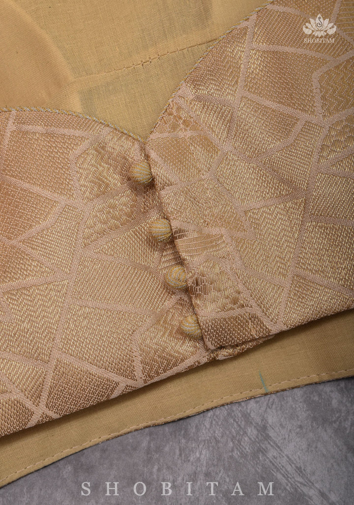 Golden Self Weave Geometric Design Blouse with Dangling multirow crystals over upper arm