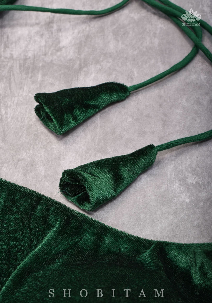 Size 36 Bottle Green Velvet Sleeveless Blouse | SHOBITAM