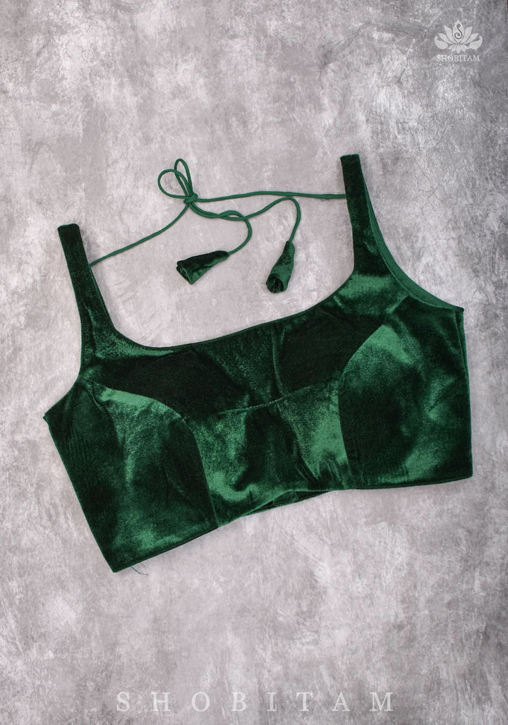 Size 36 Bottle Green Velvet Sleeveless Blouse | SHOBITAM