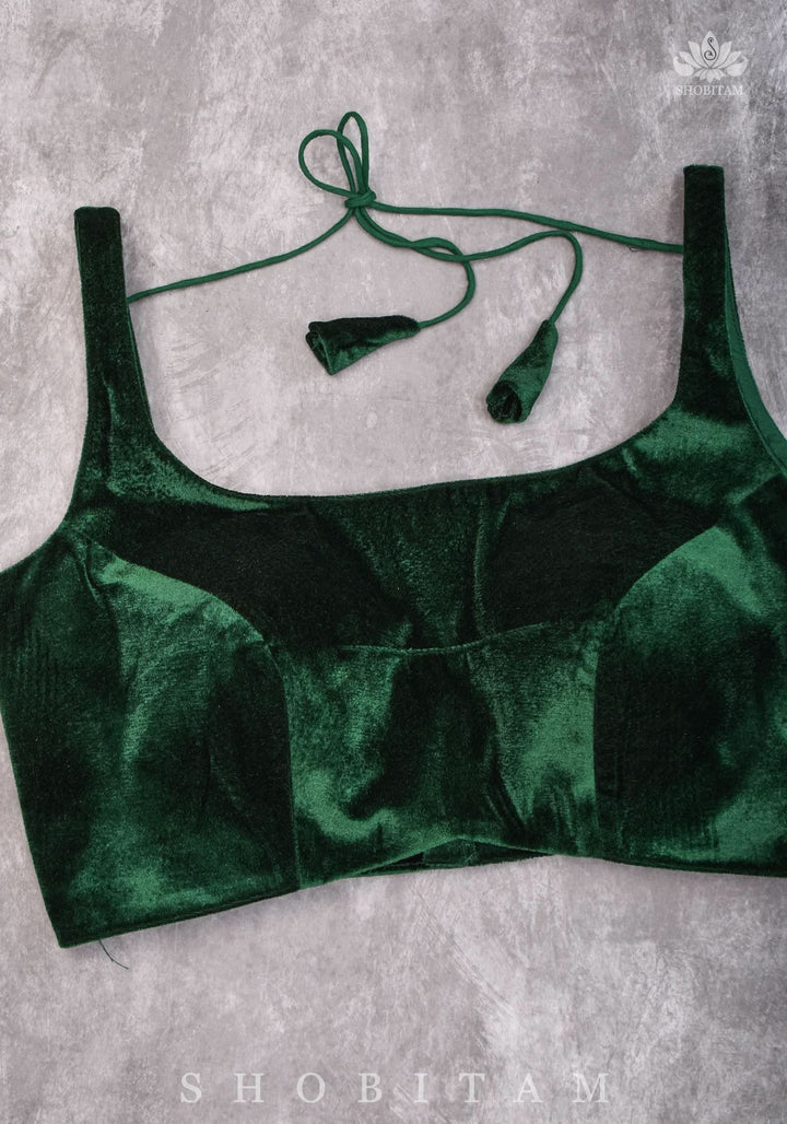 Size 36 Bottle Green Velvet Sleeveless Blouse | SHOBITAM