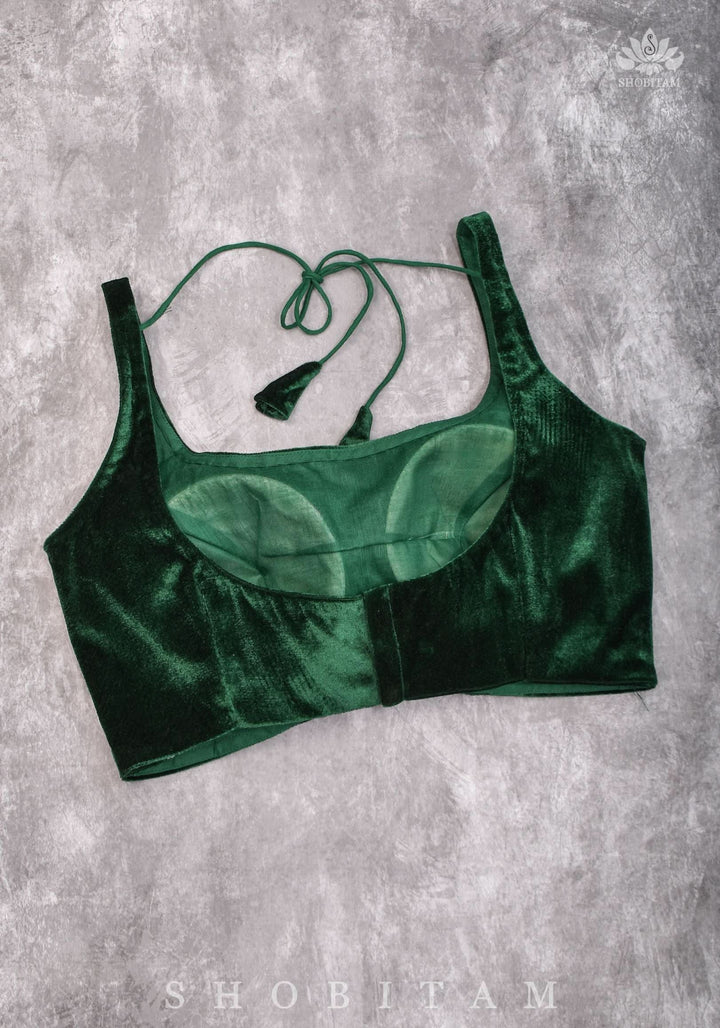 Size 36 Bottle Green Velvet Sleeveless Blouse | SHOBITAM
