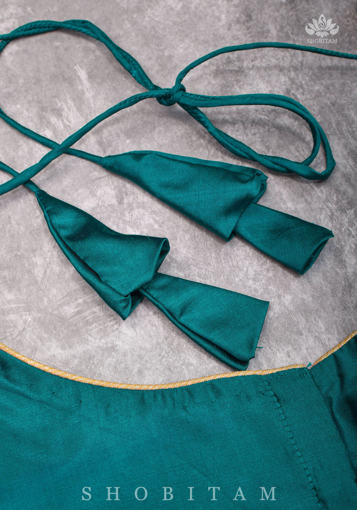 Size 44 Readymade Silk Blouse with U neck, in Dual Tone Peacock Blue & Green Shade