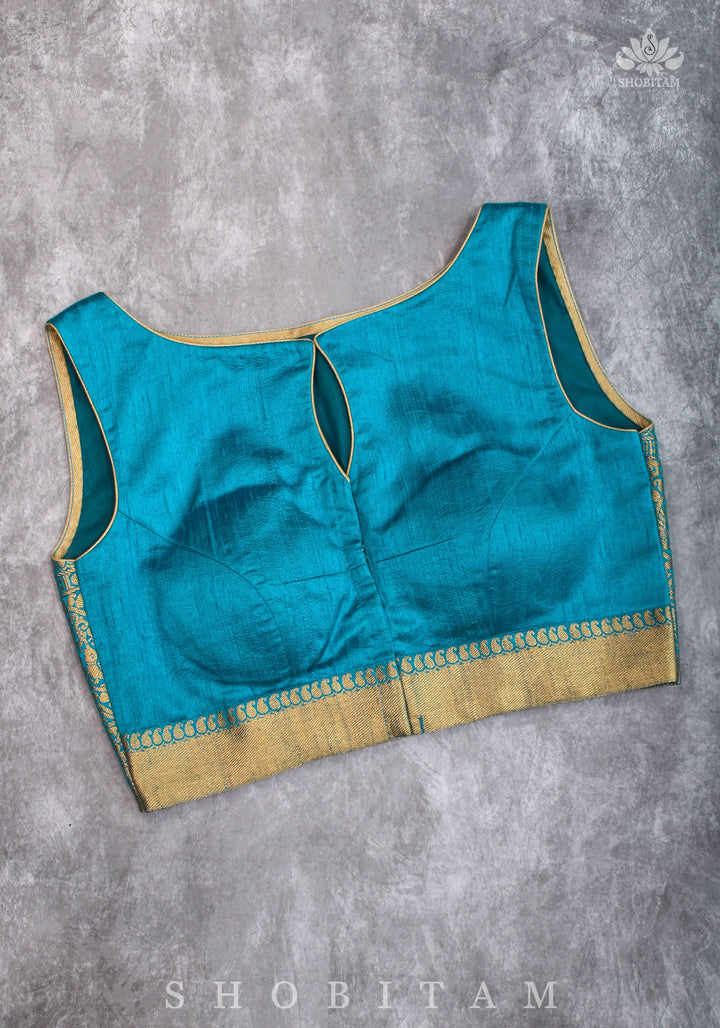 Pure Raw Silk Sleeveless blouse in Blue Green with Wide Kanchi Border detailing in back