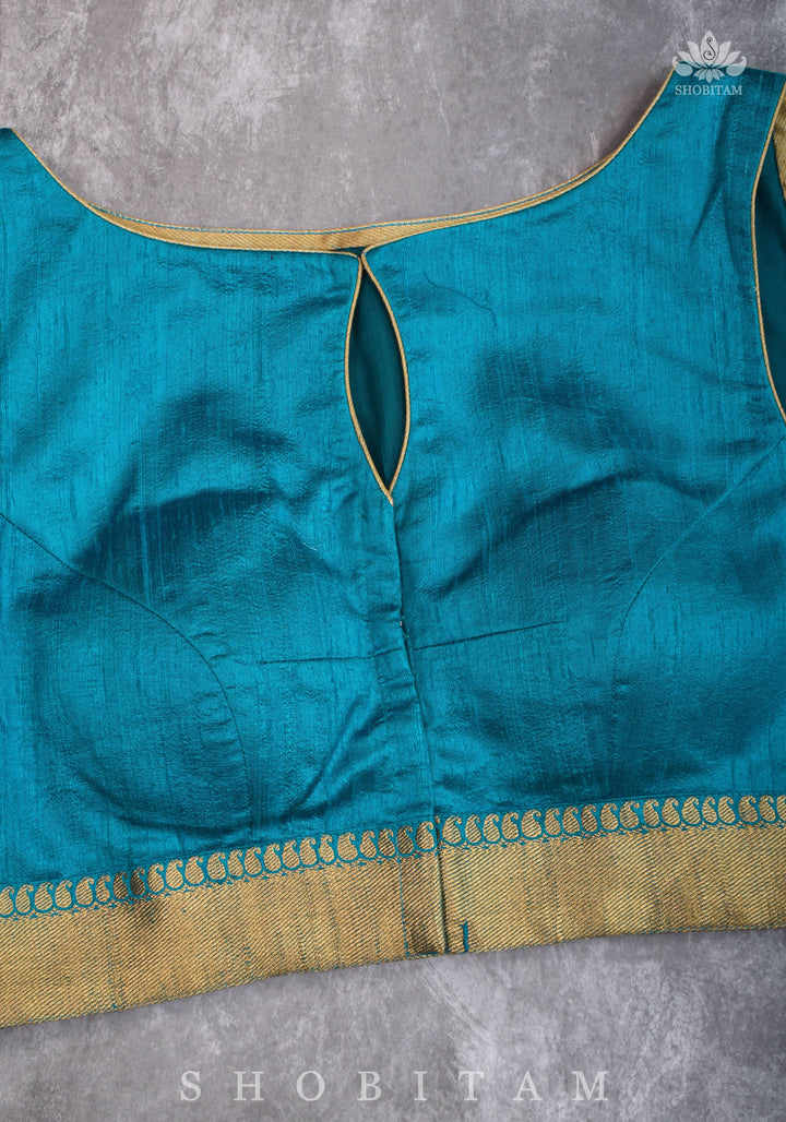 Pure Raw Silk Sleeveless blouse in Blue Green with Wide Kanchi Border detailing in back