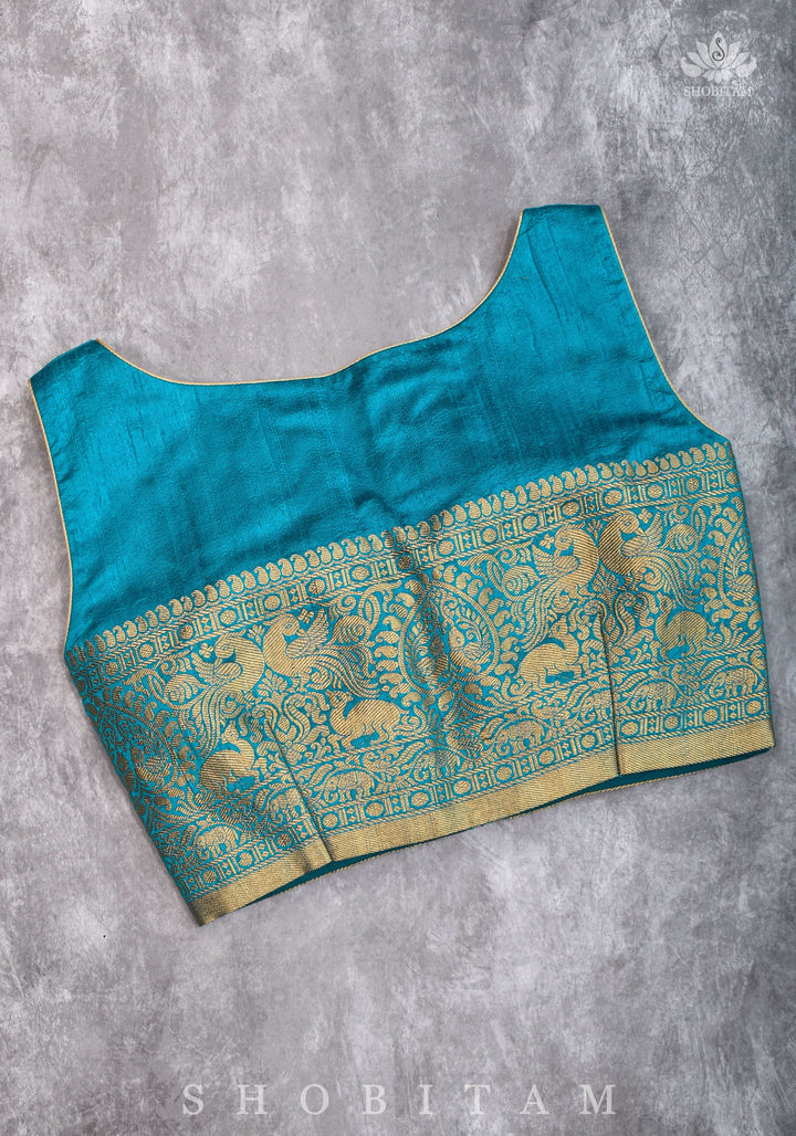 Pure Raw Silk Sleeveless blouse in Blue Green with Wide Kanchi Border detailing in back