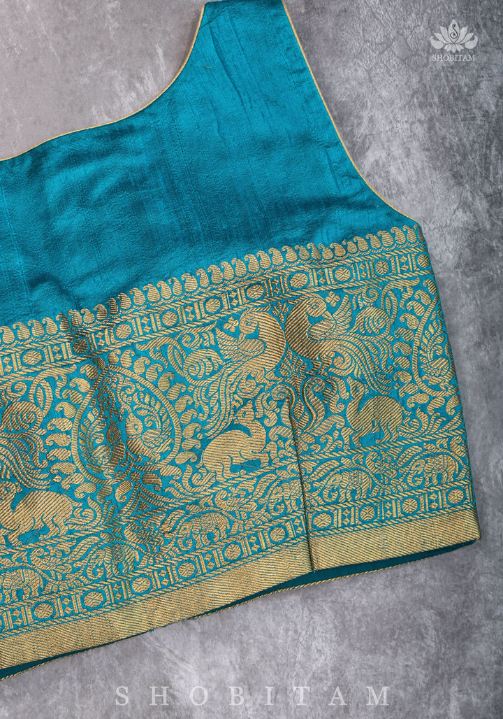 Pure Raw Silk Sleeveless blouse in Blue Green with Wide Kanchi Border detailing in back