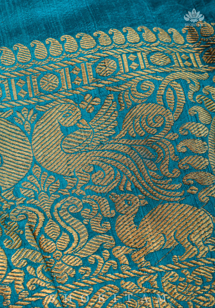 Pure Raw Silk Sleeveless blouse in Blue Green with Wide Kanchi Border detailing in back