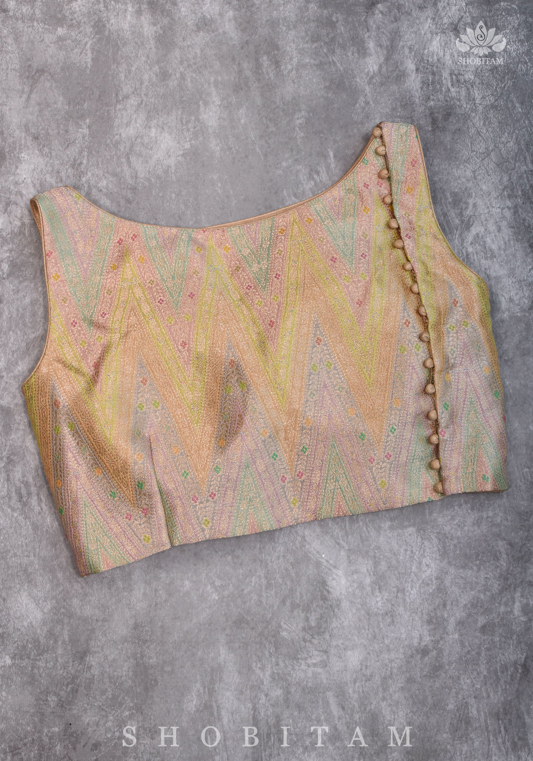 Banarasi Brocade Pastel Mix and Match Blouse with Side-back Closure and Potli Buttons