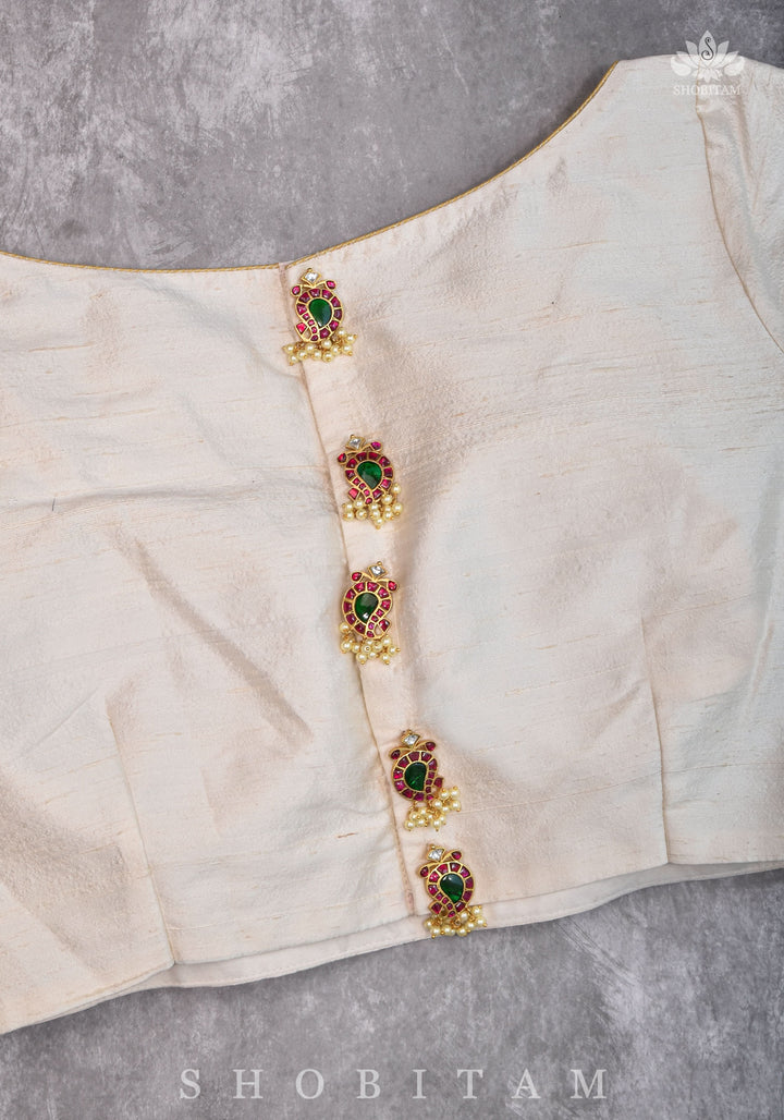 Ivory Pure Raw Silk Blouse with Kemp work detailing on boat neck and Jadau back buttons