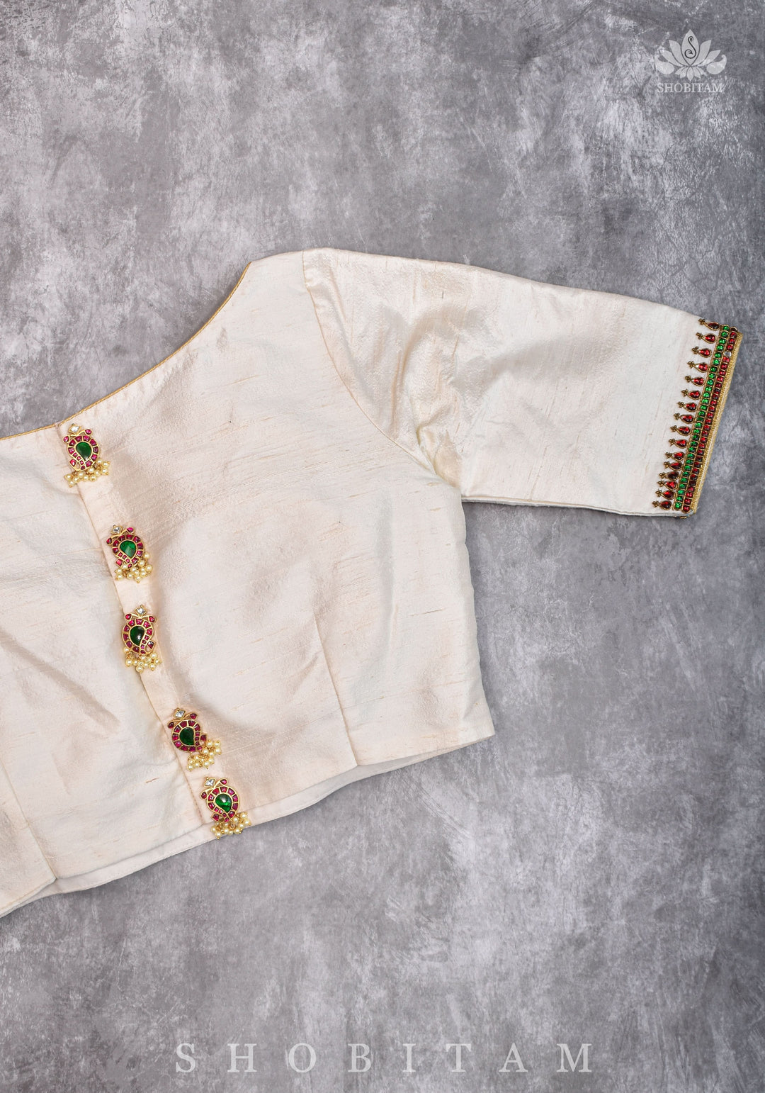 Ivory Pure Raw Silk Blouse with Kemp work detailing on boat neck and Jadau back buttons