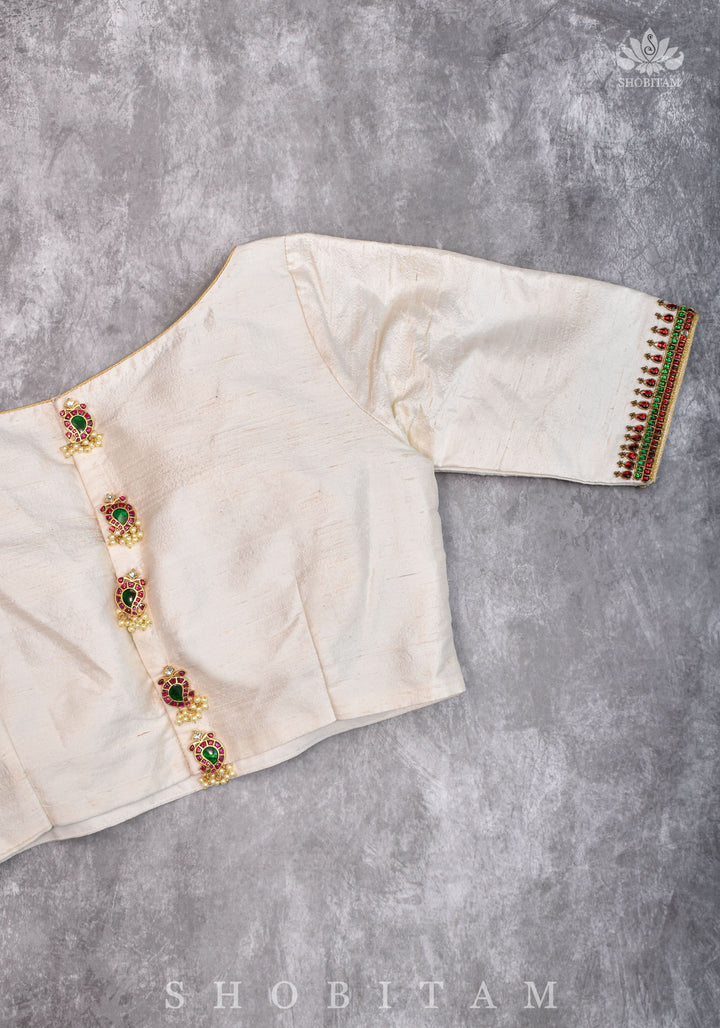 Ivory Pure Raw Silk Blouse with Kemp work detailing on boat neck and Jadau back buttons