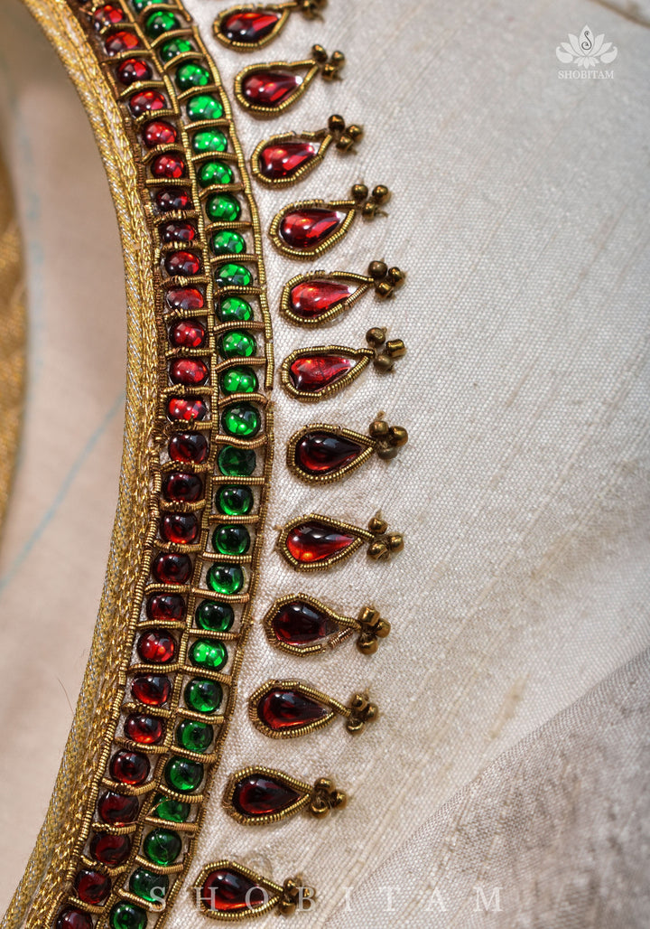 Ivory Pure Raw Silk Blouse with Kemp work detailing on boat neck and Jadau back buttons