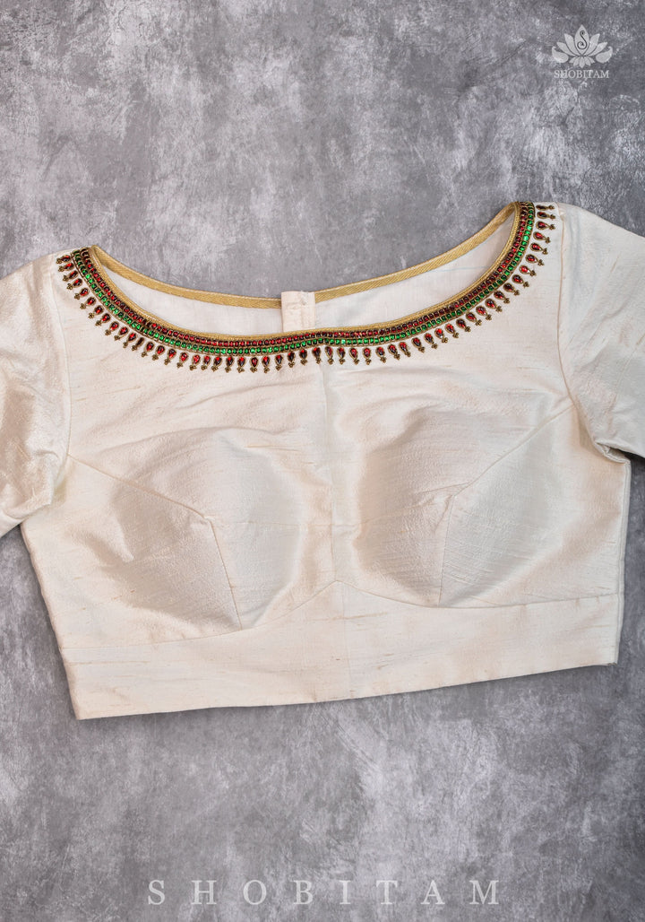 Ivory Pure Raw Silk Blouse with Kemp work detailing on boat neck and Jadau back buttons