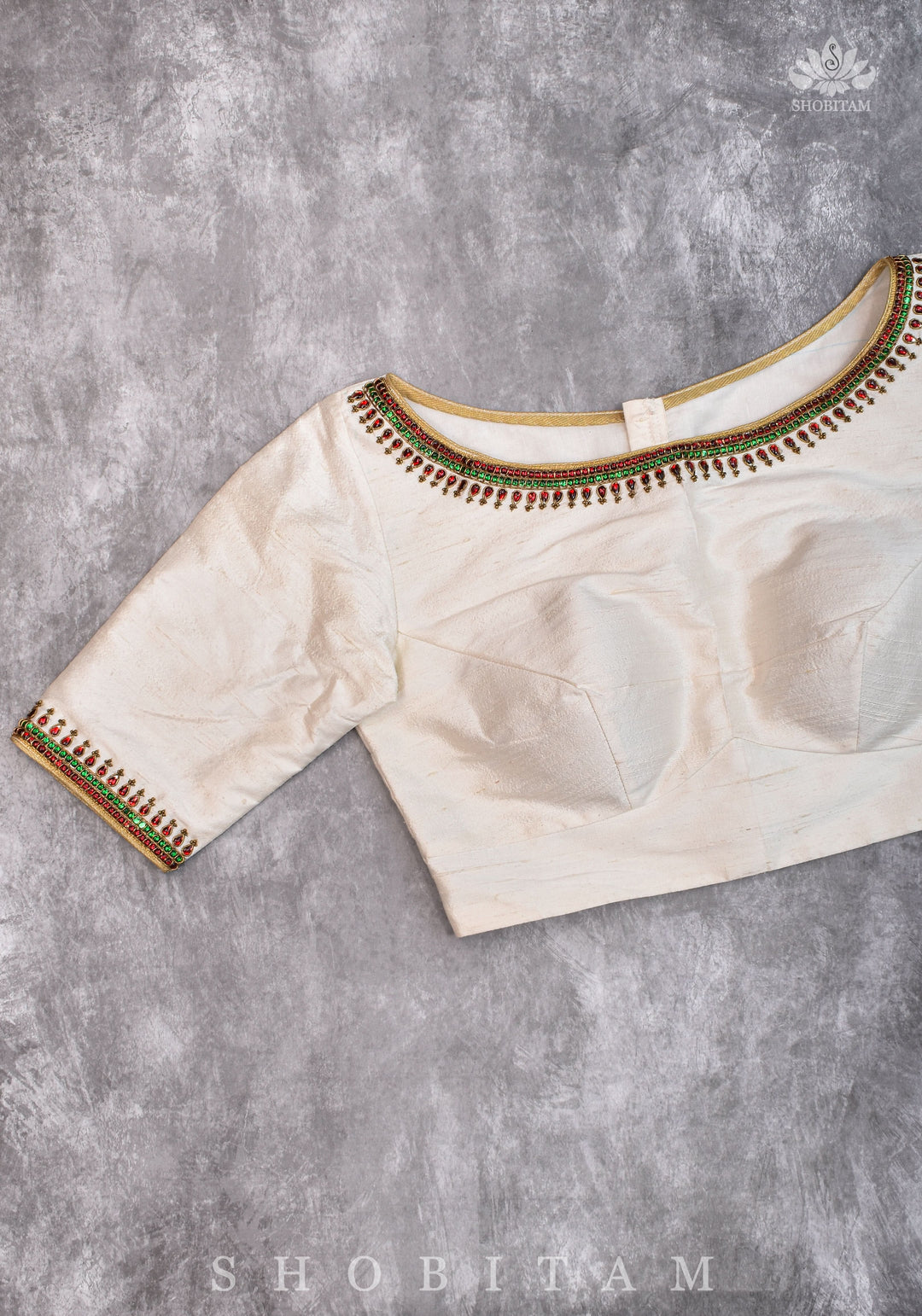 Ivory Pure Raw Silk Blouse with Kemp work detailing on boat neck and Jadau back buttons