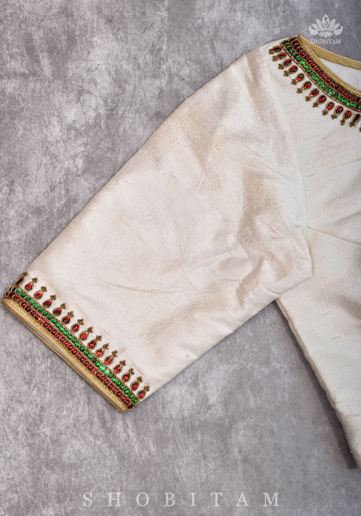 Ivory Pure Raw Silk Blouse with Kemp work detailing on boat neck and Jadau back buttons