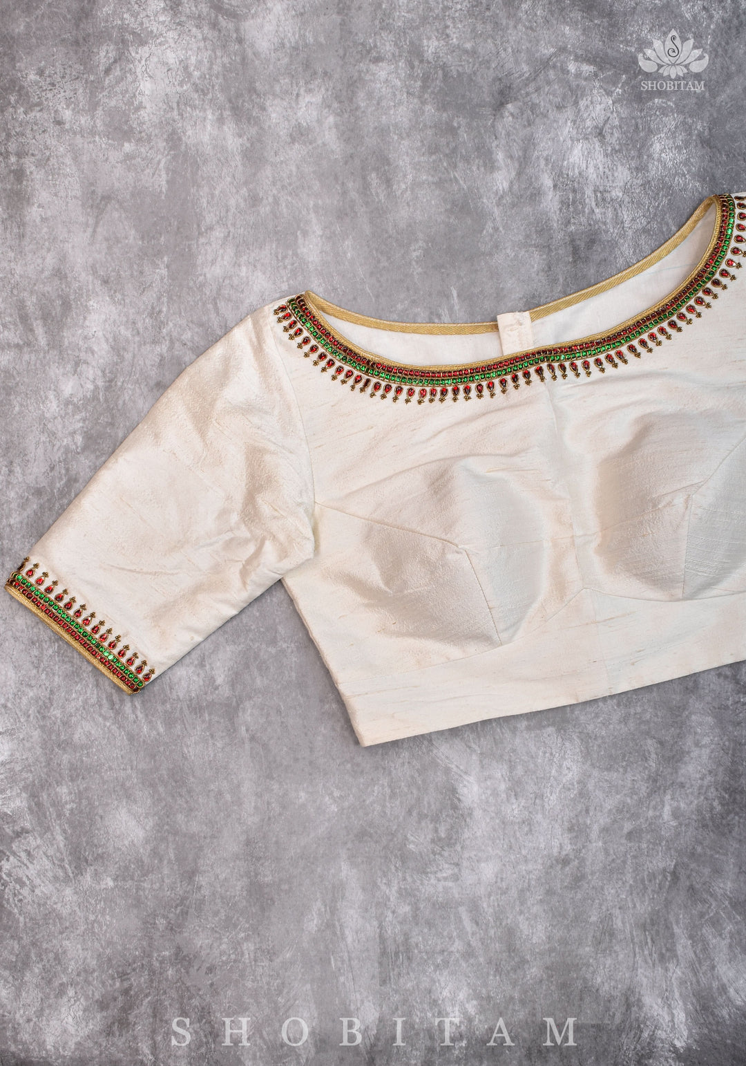 Ivory Pure Raw Silk Blouse with Kemp work detailing on boat neck and Jadau back buttons