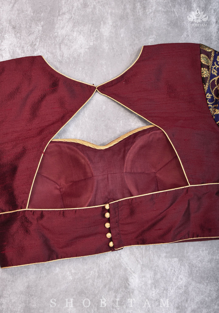 Pure Raw Silk and Below elbow sleeve Sleeve Banarasi Brocade Blouse in Maroon