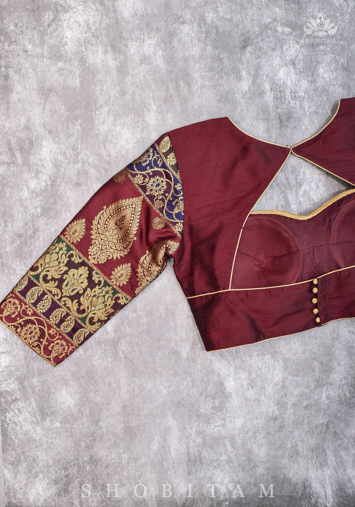 Pure Raw Silk and Below elbow sleeve Sleeve Banarasi Brocade Blouse in Maroon