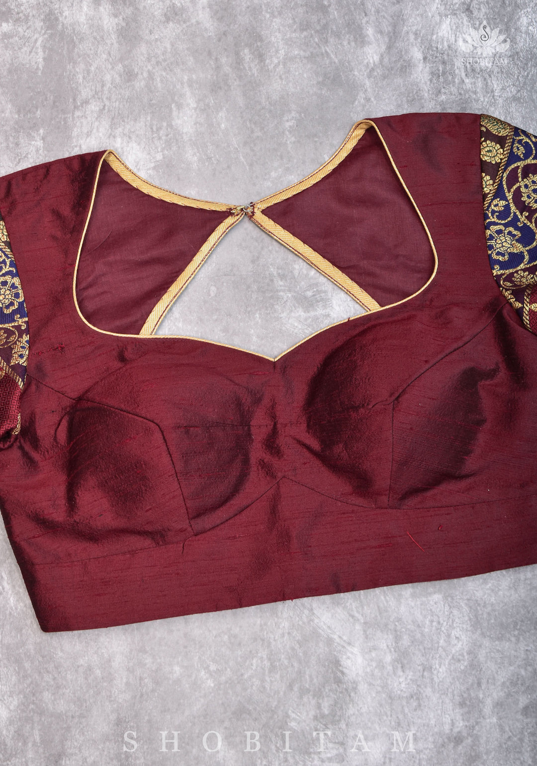 Pure Raw Silk and Below elbow sleeve Sleeve Banarasi Brocade Blouse in Maroon