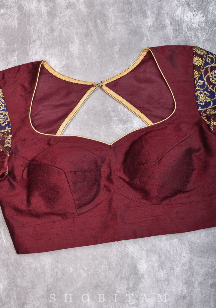 Pure Raw Silk and Below elbow sleeve Sleeve Banarasi Brocade Blouse in Maroon