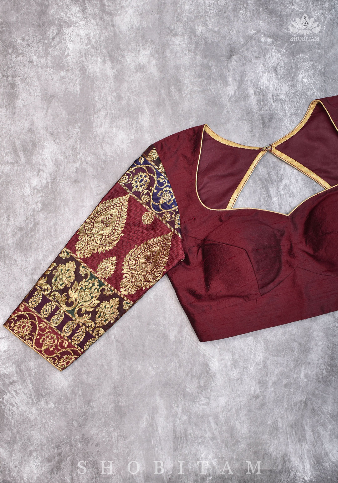 Pure Raw Silk and Below elbow sleeve Sleeve Banarasi Brocade Blouse in Maroon