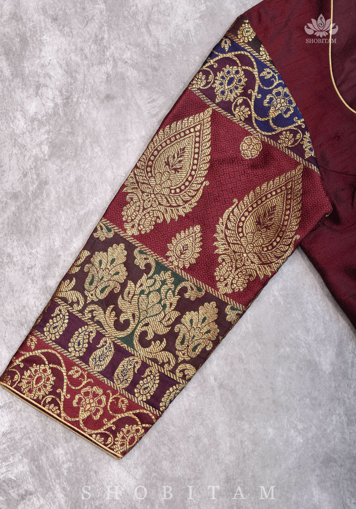 Pure Raw Silk and Below elbow sleeve Sleeve Banarasi Brocade Blouse in Maroon