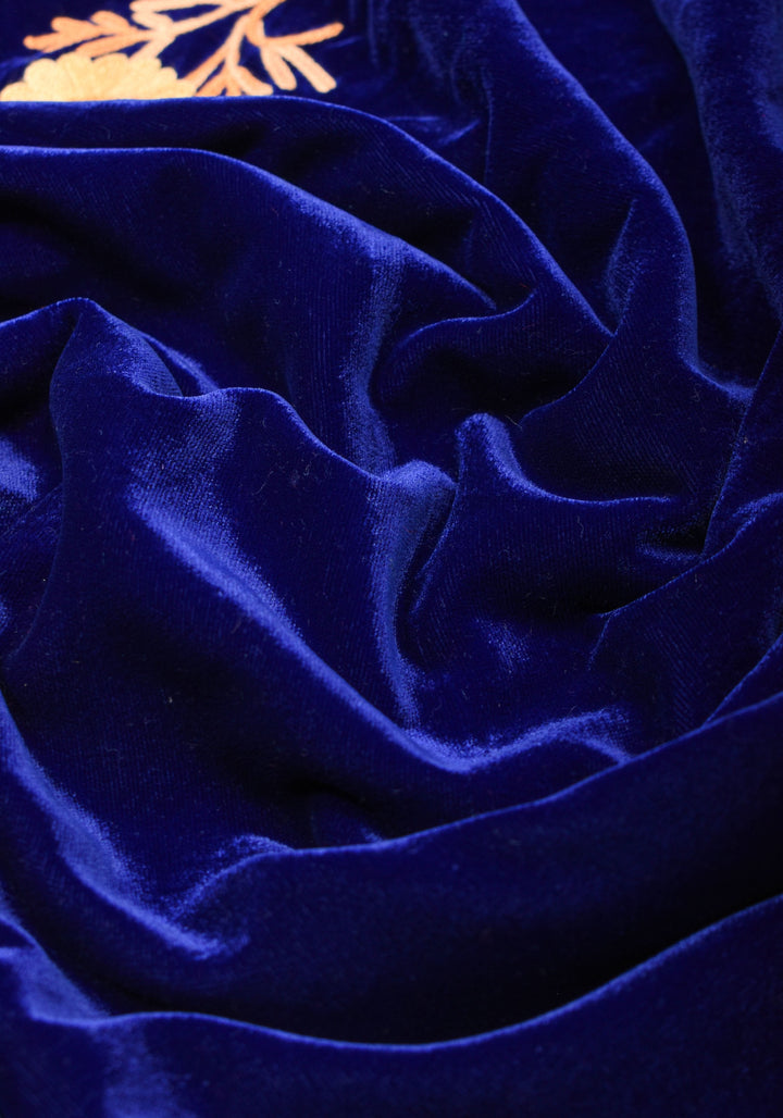 Exquisite Blue Velvet Saree with Kashmiri Aari Style Floral Embroidery. Shobitam Signature Collection