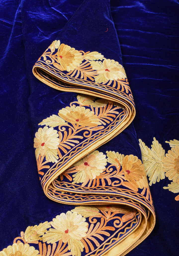 Exquisite Blue Velvet Saree with Kashmiri Aari Style Floral Embroidery. Shobitam Signature Collection