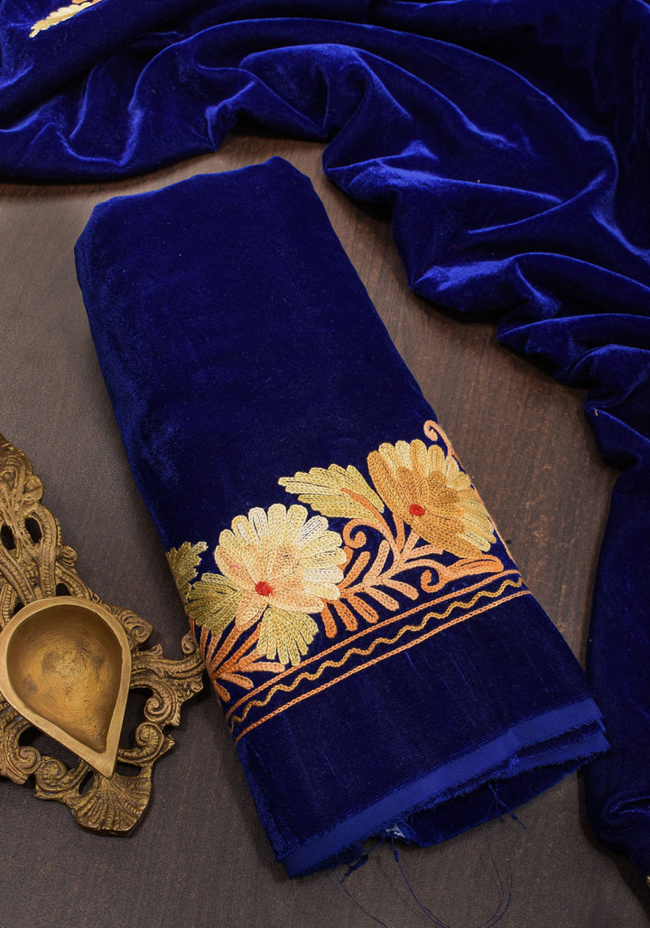 Exquisite Blue Velvet Saree with Kashmiri Aari Style Floral Embroidery. Shobitam Signature Collection
