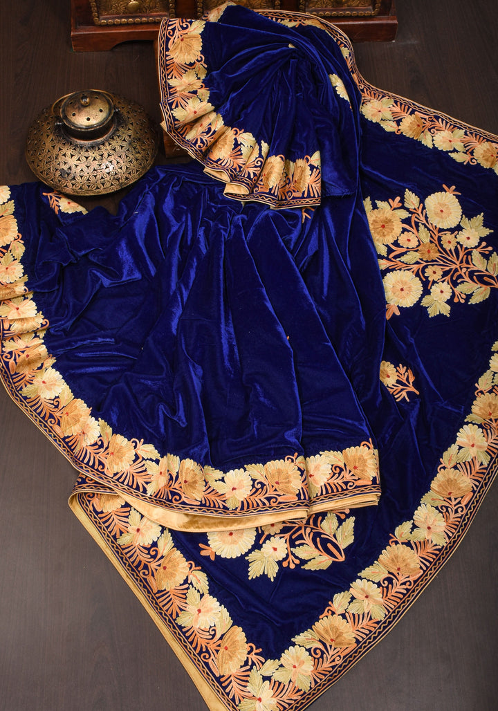 Exquisite Blue Velvet Saree with Kashmiri Aari Style Floral Embroidery. Shobitam Signature Collection