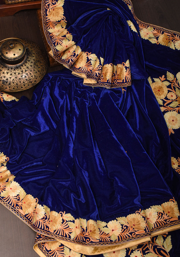 Exquisite Blue Velvet Saree with Kashmiri Aari Style Floral Embroidery. Shobitam Signature Collection