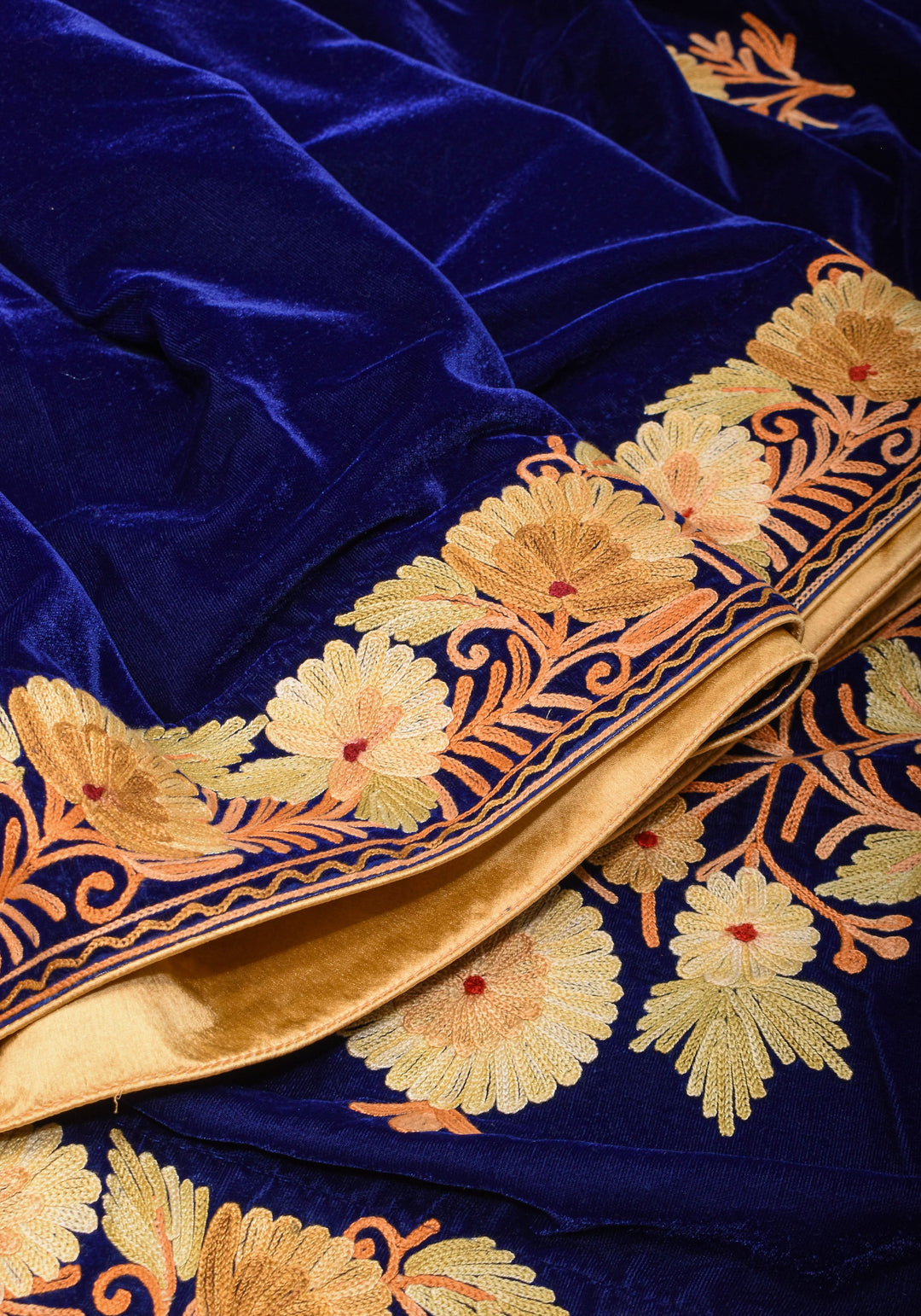 Exquisite Blue Velvet Saree with Kashmiri Aari Style Floral Embroidery. Shobitam Signature Collection