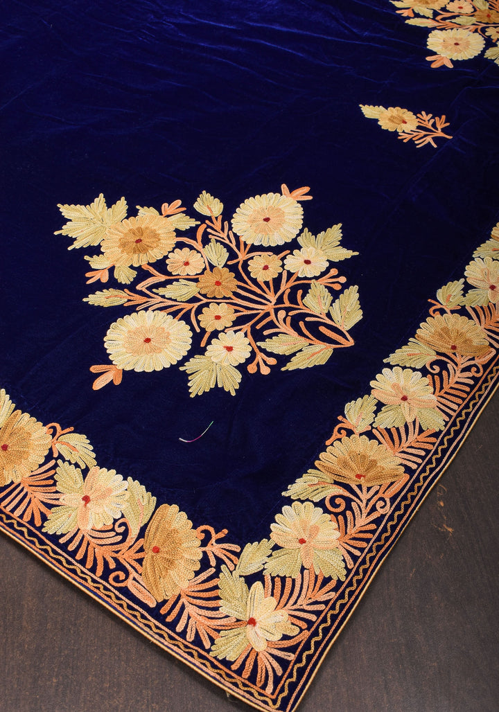 Exquisite Blue Velvet Saree with Kashmiri Aari Style Floral Embroidery. Shobitam Signature Collection