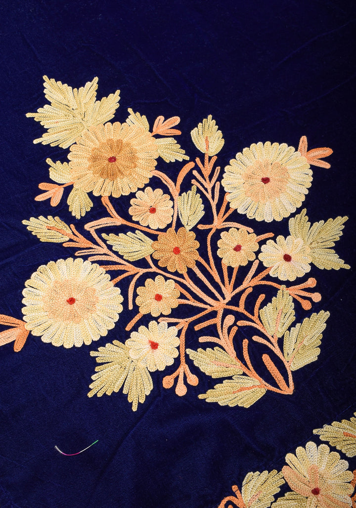 Exquisite Blue Velvet Saree with Kashmiri Aari Style Floral Embroidery. Shobitam Signature Collection