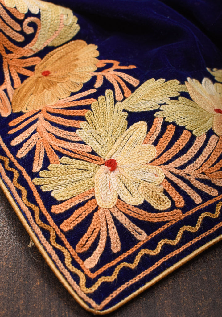 Exquisite Blue Velvet Saree with Kashmiri Aari Style Floral Embroidery. Shobitam Signature Collection